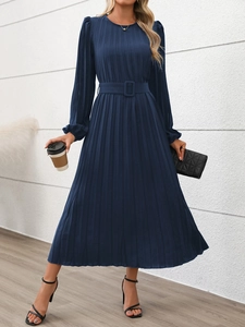Detailed close-up of navy blue pleated long dress with matching belt and long sleeves