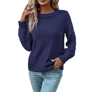 Women's crewneck knit sweater in dark blue with horizontal pleated texture details