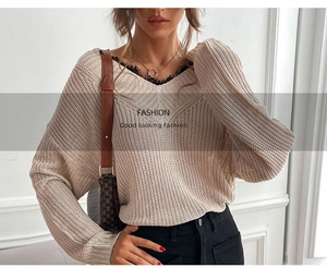 Detailed view of apricot hollow-out knit sweater with V-neck and delicate lace layering