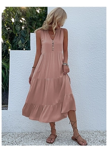 Detail of V-neck tiered midi dress in Morandi pink with decorative front buttons