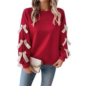 Deep red crewneck sweatshirt for women with white satin bow details on long sleeves