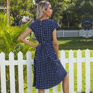French vintage dark blue polka dot pleated dress with short sleeves and waist tie belt