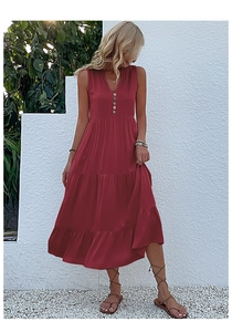 Close-up of deep red sleeveless maxi dress featuring a V-neckline and button details