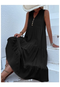 Detail of V-neckline with wooden buttons on tiered black sleeveless summer maxi dress