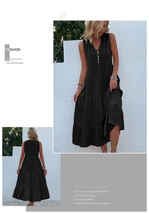 Detail of a black tiered maxi dress featuring a V-neck and decorative front buttons