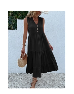 Detail of V-neckline with wooden buttons on black tiered sleeveless midi dress