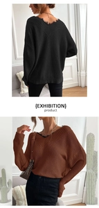 Detail of V-neck knit sweater showing lace trim and ribbed texture in black and brown