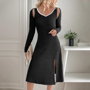 Set Vestito a Spalline in Maglia a Costine Con Scollo a V a Contrasto E Coprispalle Elegante Slim Fit Spacco Midi Donna