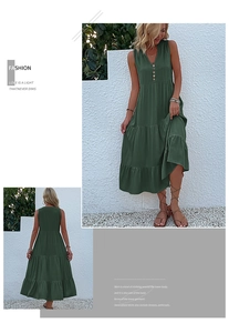Detail of dark green sleeveless maxi dress with V-neckline, buttons, and tiered skirt