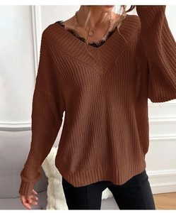 Close-up of V-neck knit sweater featuring black eyelash lace trim and chunky texture