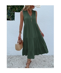 Detail of the V-neckline and decorative buttons on a green sleeveless tiered maxi dress