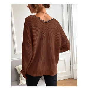 Close-up of brown knit sweater featuring elegant black eyelash lace trim on back V-neckline