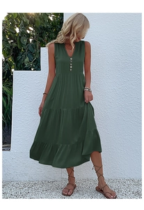 Detail of V-neckline and button front on a sleeveless olive green tiered midi dress