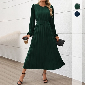 Elegant dark green long sleeve pleated maxi dress with round neck and matching belt