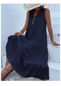 Detail of navy sleeveless tiered midi dress with V-neck and wooden buttons on casual fabric