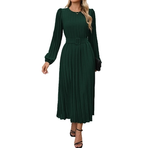 Elegant dark green long sleeve pleated maxi dress with a matching belt and round neckline