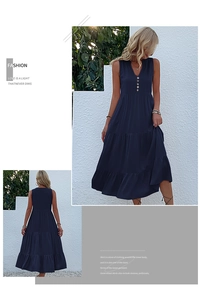 Detail of dark blue sleeveless maxi dress showing V-neck with buttons and tiered skirt