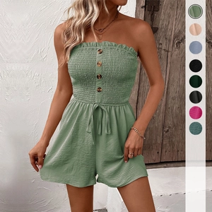 Women Strapless Smocked Romper Elastic Tube Top Decorative Buttons Drawstring Waist Summer Beach Casual Playsuit