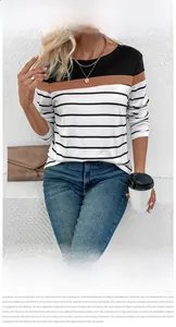 Detail of crew neck striped long sleeve shirt with color-block knit texture and pattern