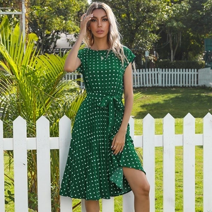 Robe Midi à Pois Vintage pour Femmes Élégant Col Rond Manche Volante Taille Nouée Plissé Ligne A Été Décontracté Vacances
