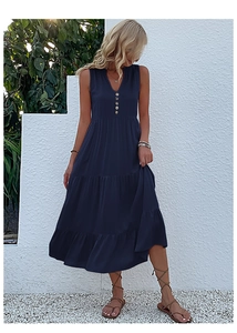 Detail of V-neckline with wooden buttons and tiered design on a navy summer maxi dress