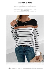 Detail of slim fit long sleeve shirt with black, tan, and striped color block design