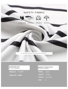 Detail of soft breathable black and white striped fabric with model size chart info