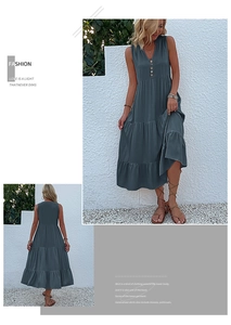 Detail of V-neck sleeveless maxi dress featuring wood buttons and tiered cake skirt