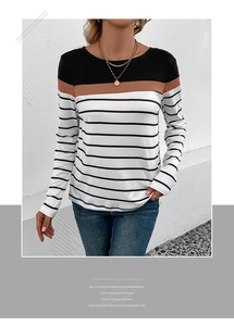 Detail shot of the tri-color patchwork long sleeve top with stripes and crew neckline