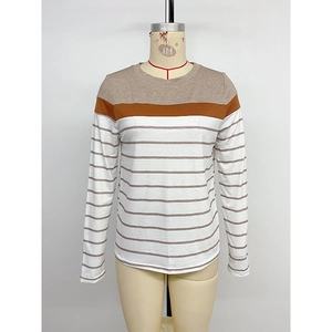 Women Casual Patchwork Striped Long Sleeve T-Shirt Round Neck Color Block Soft Knitted Top Fall Winter Base Layer Tee