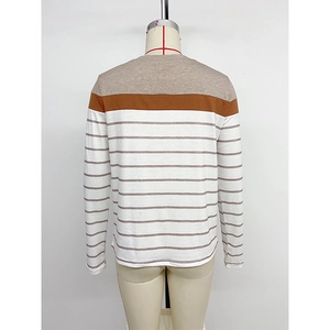 Women stripe patchwork long sleeve t-shirt with crew neck and brown color block design