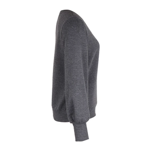 Close-up of dark grey textured sweater featuring geometric knit patterns and ribbed cuffs