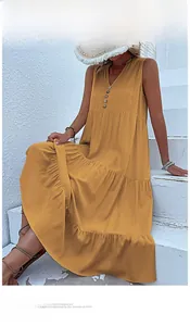 Detail of V-neck sleeveless tiered maxi dress in mustard yellow with wooden buttons