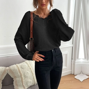Women V Neck Knitted Sweater Elegant Lace Patchwork Loose Long Sleeve Pullover Soft Warm Solid Jumper Fall Winter Top