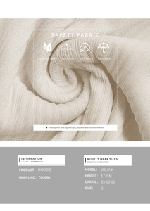 Macro shot of white ribbed knit fabric texture with detailed model fit size specifications