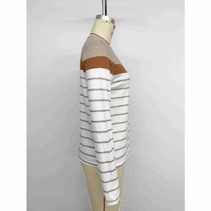 Women stripe long sleeve T-shirt with patchwork crew neck and slim fit design