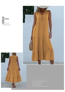 Detail view showing front and back of mustard yellow V-neck sleeveless tiered maxi dress