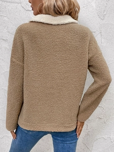 Rear view of women's warm camel brown fleece jacket with contrast off-white collar