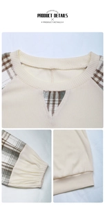 Detail showing the ribbed knit texture and plaid patchwork sleeves of the crewneck sweater