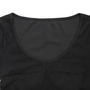 Detail view of black U-neck ribbed bodysuit showing soft knit texture and neckline.