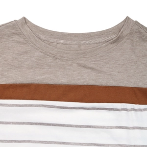 Women's crewneck T-shirt with gray and brown spliced stripes and soft knit fabric