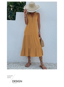 Detail of a yellow V-neck sleeveless tiered midi dress with vintage buttons for summer