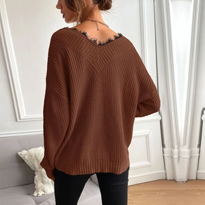 Brown oversized V-neck knit sweater for women with delicate black lace patchwork back