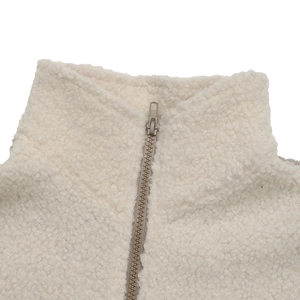 Macro shot of sherpa fleece texture and smooth matching zipper on the white stand collar