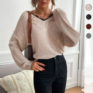 Lace拼接V-neck knit sweater in apricot featuring loose long sleeves and casual style