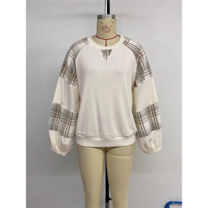 Women Casual Plaid Patchwork Sweatshirt Long Sleeve Round Neck Waffle Texture Loose Pullover Top Fashion Daily Apparel