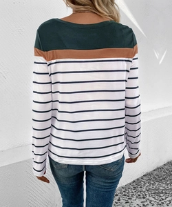 Back view of a striped long-sleeve T-shirt with green and brown color blocking