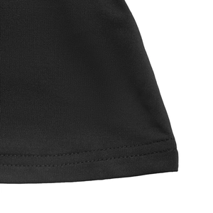Detail of double-needle stitching and high-elastic fabric texture on black lace top