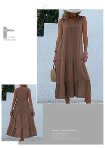 Brown sleeveless V-neck maxi dress featuring a tiered cake design and front buttons