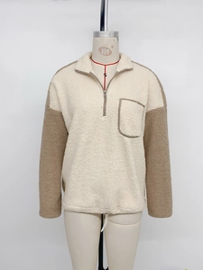 Detail of sherpa fleece pullover with half-zip collar and contrast breast pocket